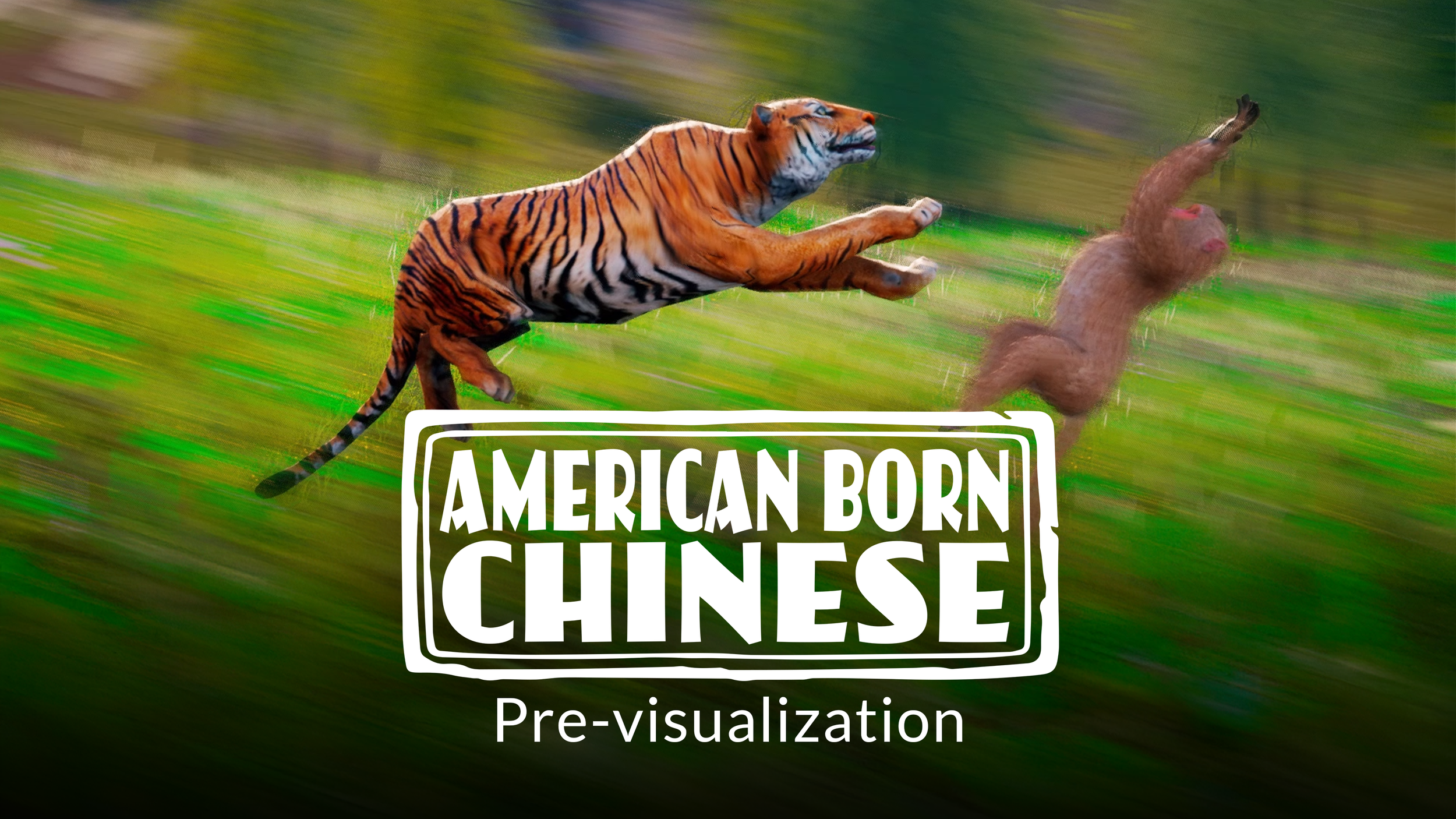 A tiger chasing a monkey through a grassy field, with a motion blur background. The image features the text 'American Born Chinese Pre-visualization' in the foreground.