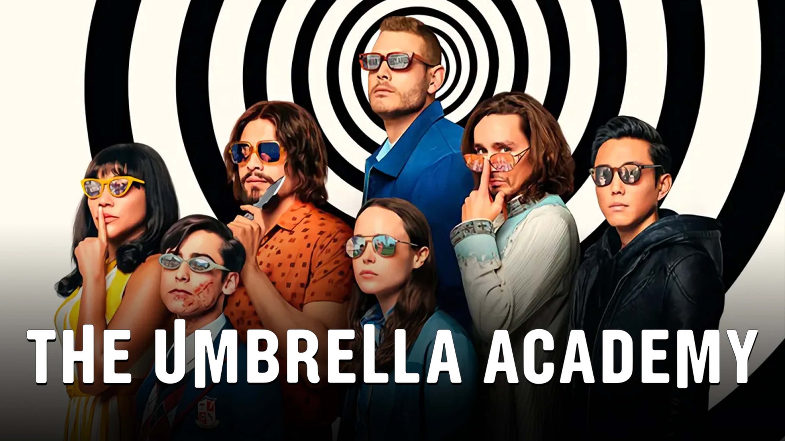 Promotional poster for The Umbrella Academy featuring seven characters with colorful sunglasses in front of a black and white hypnotic spiral background, with the title "The Umbrella Academy" at the bottom.