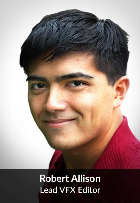 A portrait of a young man with dark hair, wearing a red shirt, smiling slightly, with text indicating his name as Robert Allison and his role as Lead VFX Editor.