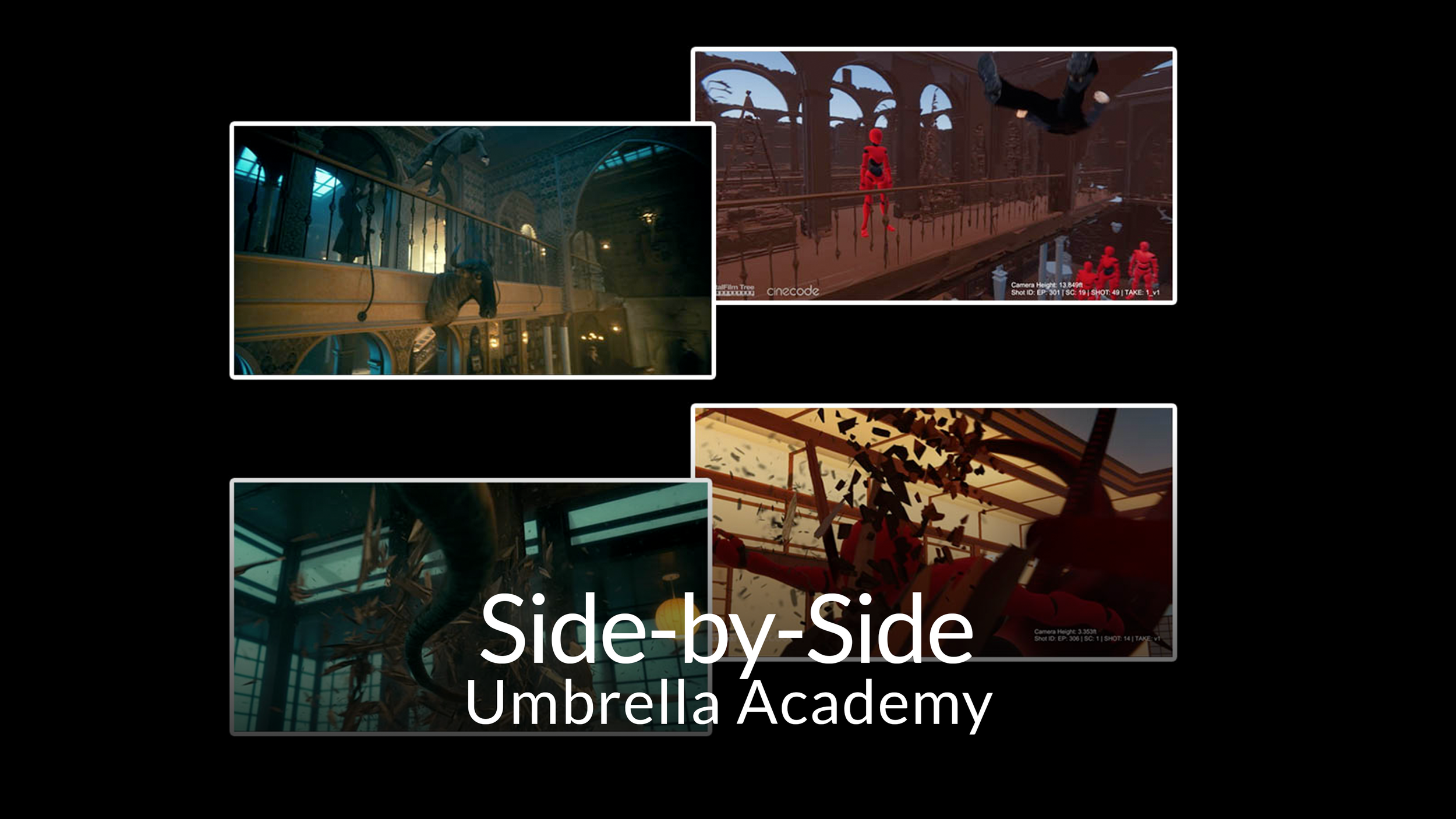 Collage of scenes from the animated series "Umbrella Academy," featuring characters in various dynamic and dramatic settings. The title "Side-by-Side Umbrella Academy" is overlaid on the images.