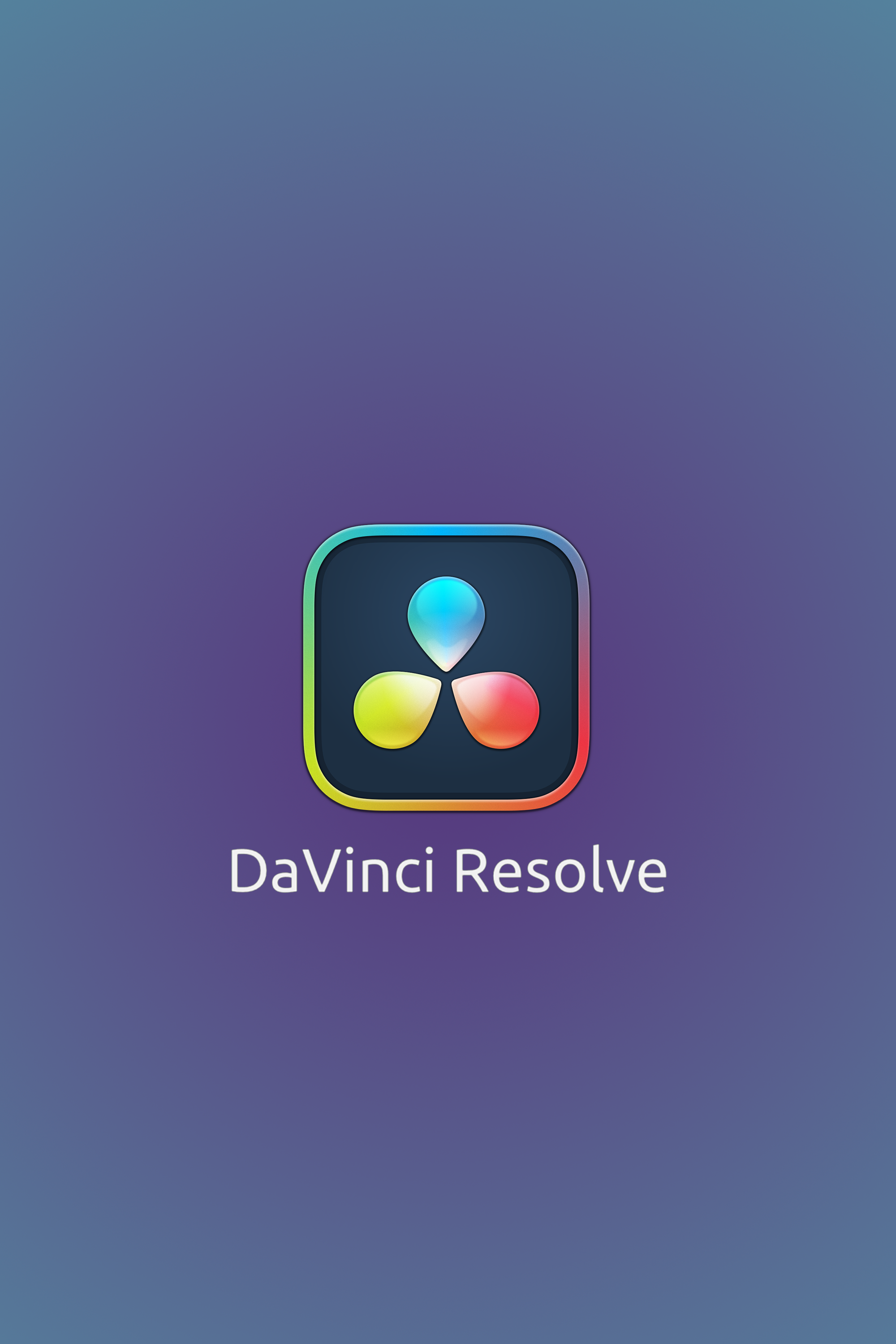 Illustration of the DaVinci Resolve app icon with a multicolored logo on a purple gradient background.