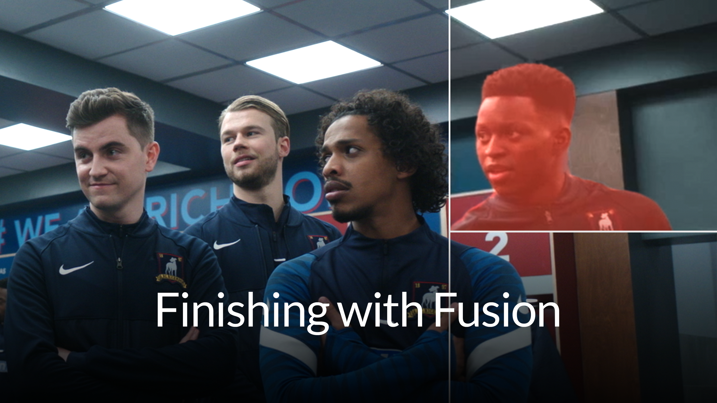 Three men in Adidas Jacket standing with serious face, a fourth person on a screen talking to a camera, with the text 'Finishing with Fusion' overlaid.
