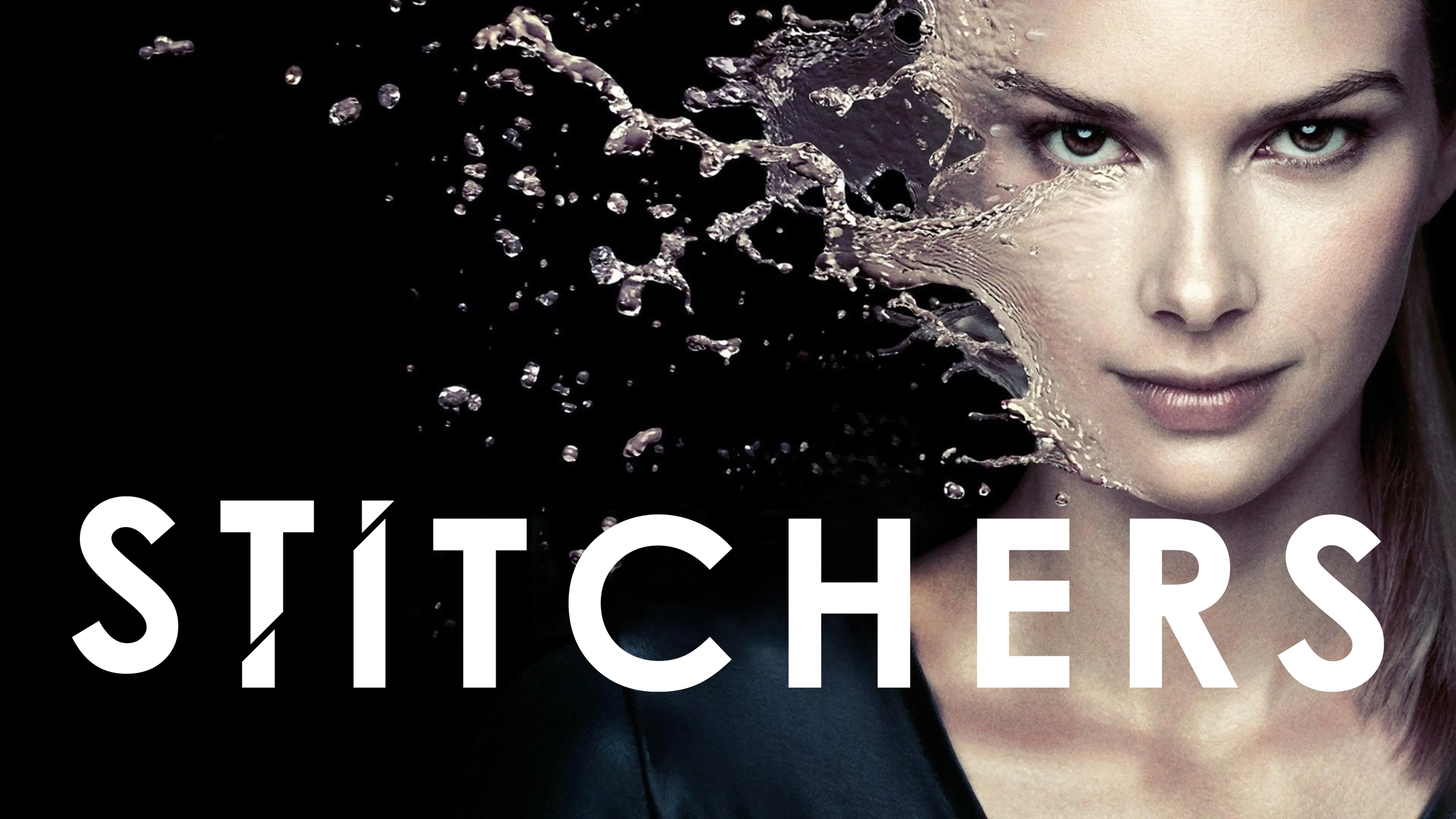 A woman with fair skin and blue eyes, with her face partly covered by splashing water, and the word 'STITCHERS' in bold white letters over a dark background.