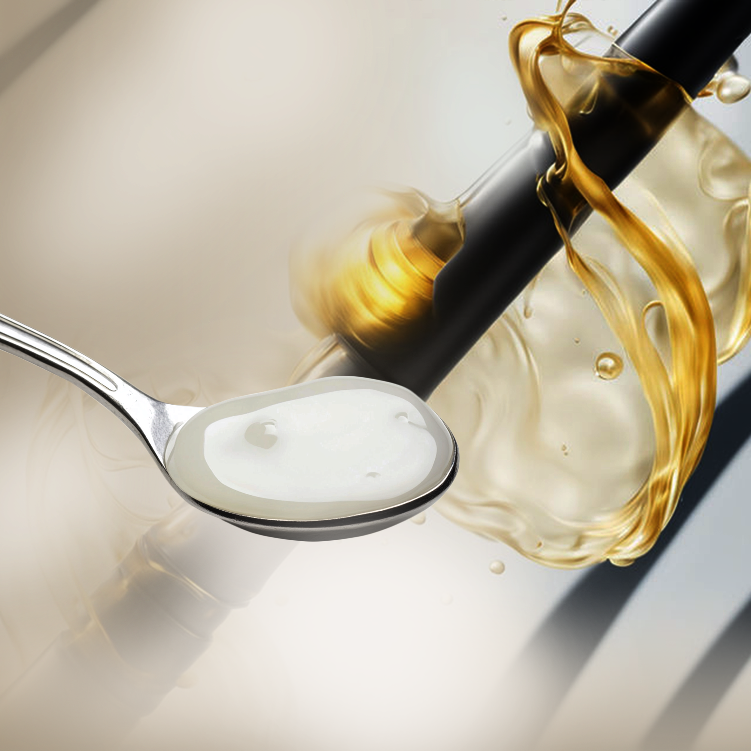 A spoon containing a white creamy substance against a backdrop of swirling golden liquid around a black tube. The image is abstract and suggests fluid dynamics or mixing of substances, possibly oil and cream.