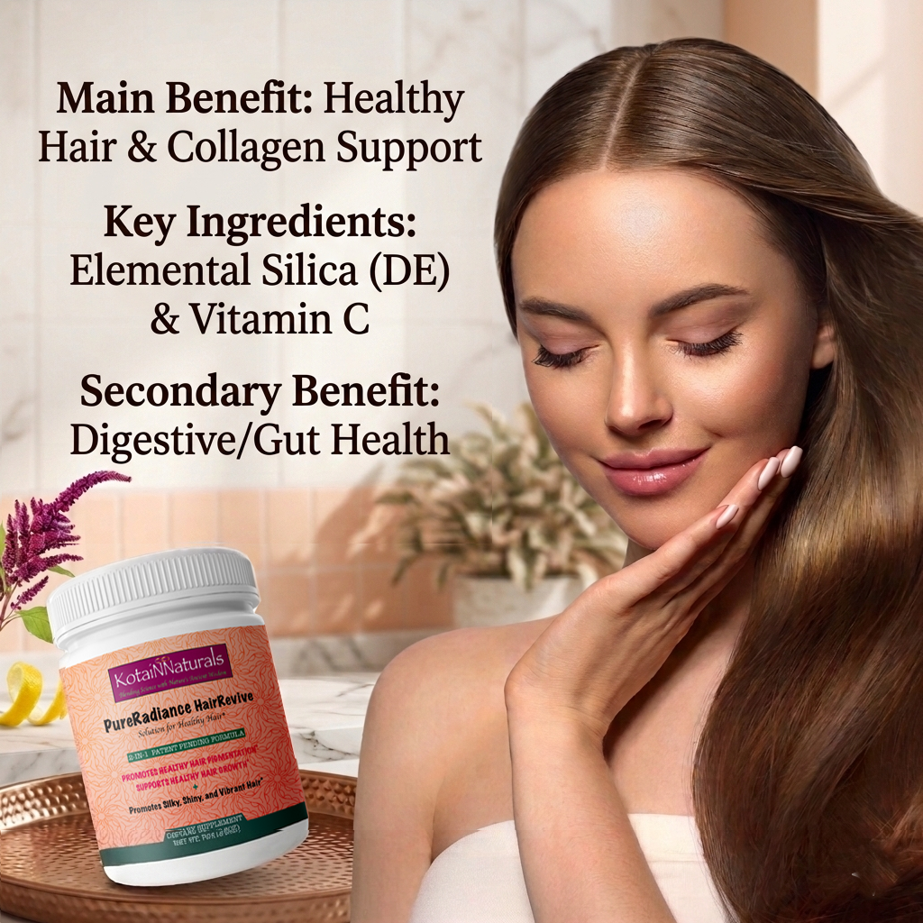 Pure Radiance Hair Revive– All-In-One Elemental Formula – Food-Grade DE, Rich in Silica & High-Potency Vitamin C – Supports Collagen, Hair Health, & Gut Function. Unflavored. For Men and Women.