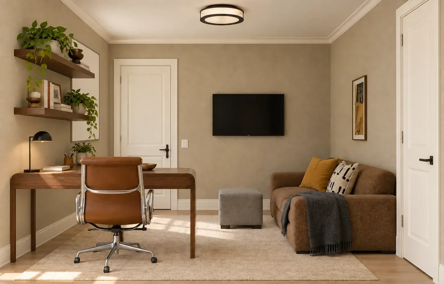 North Hollywood home office with a walnut desk, leather office chair, and brown sofa