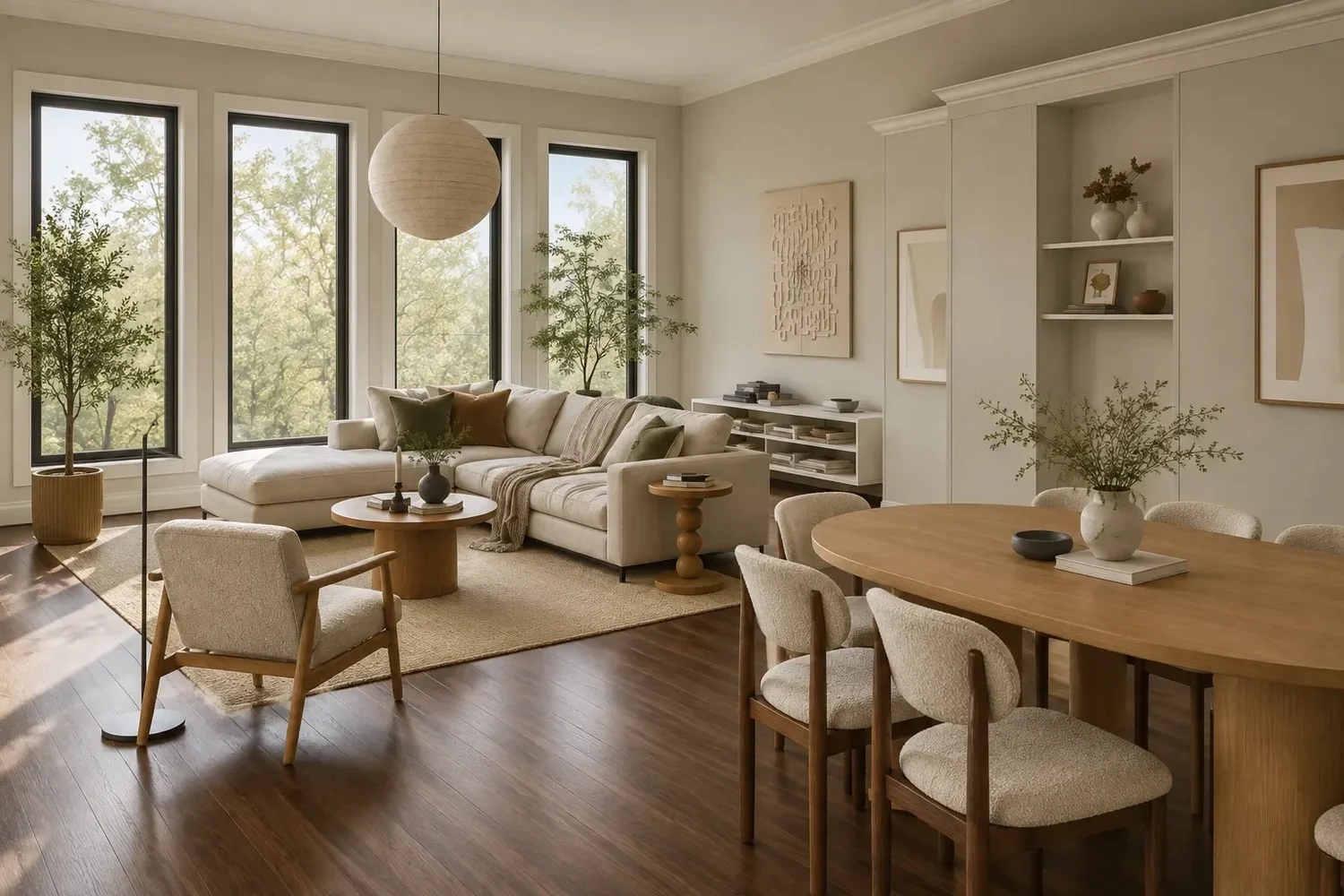 Japandi living and dining room with beige sectional, area rug, and paper lantern pendant