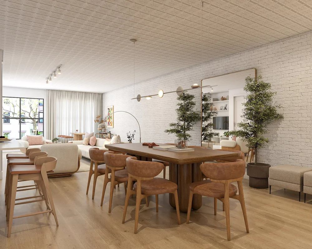Modern West Village living and dining room with a cream sofa and wood dining table