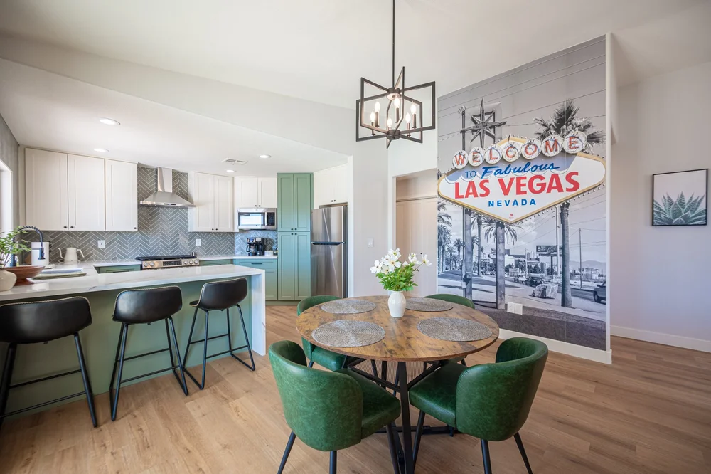 Modern desert glam kitchen and dining area in the Las Vegas Airbnb