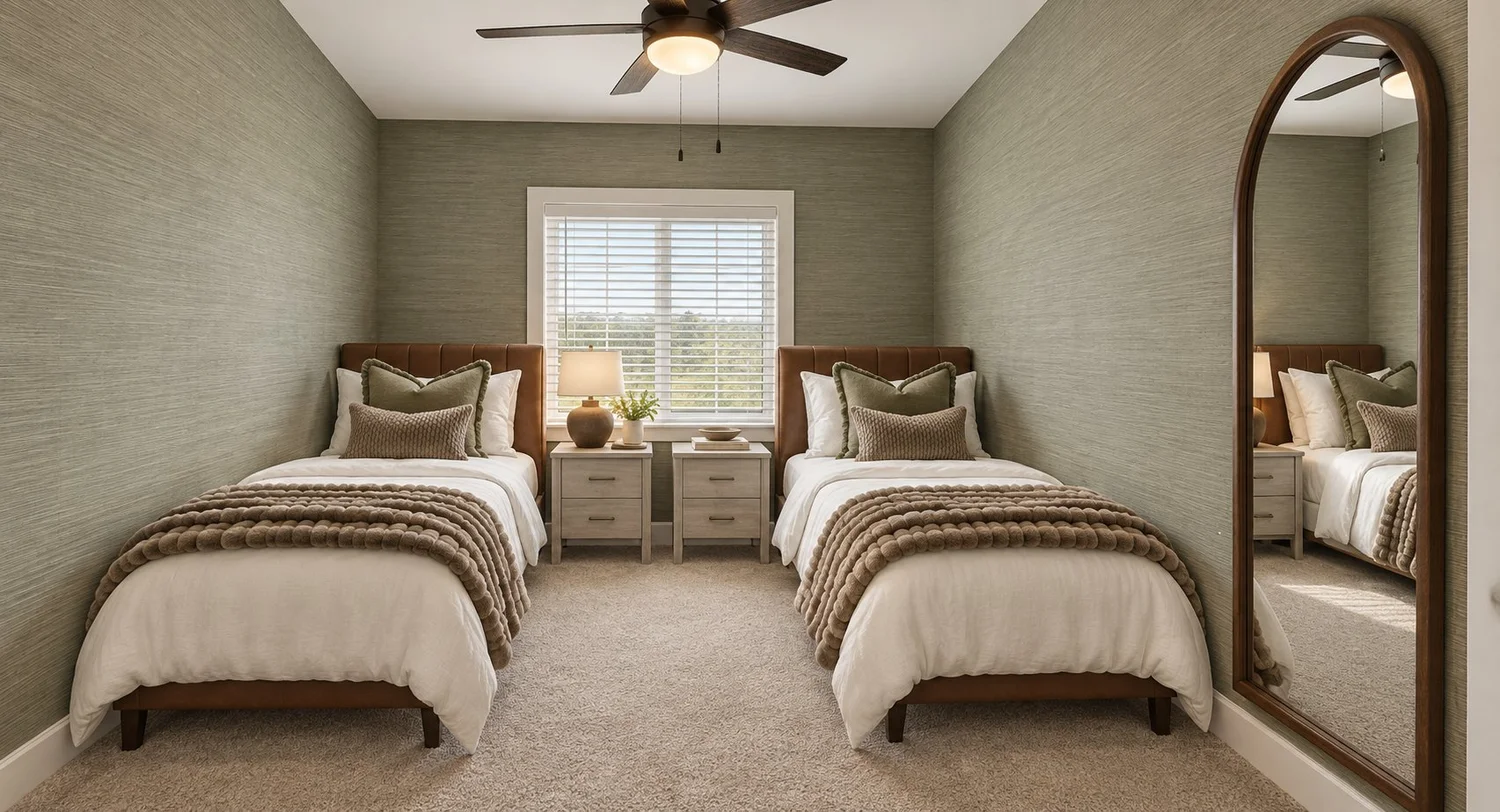 Twin bedroom rendering with a mid-century twin bed