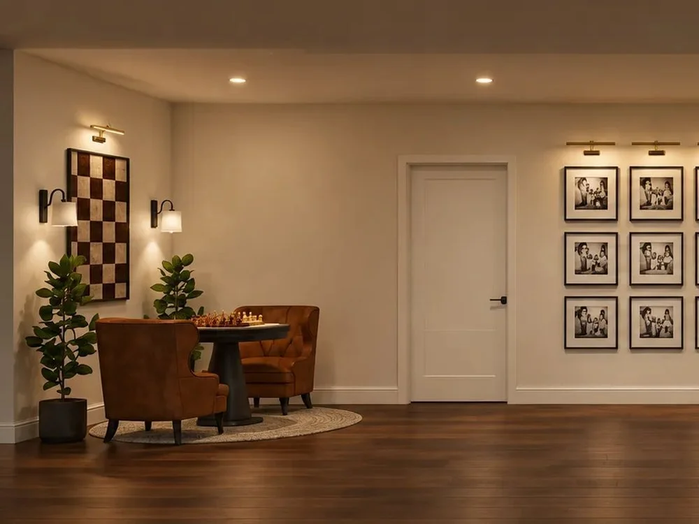 Basement chess area with game table, accent armchair and checkerboard wall art