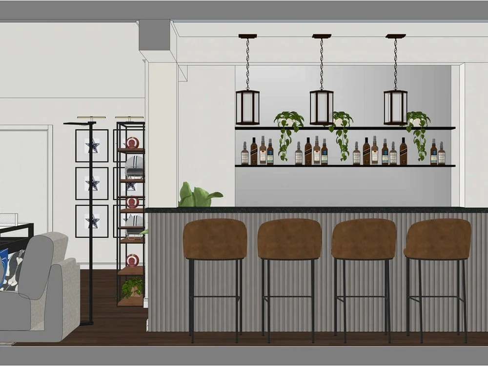 Basement bar with counter stools and floating shelves