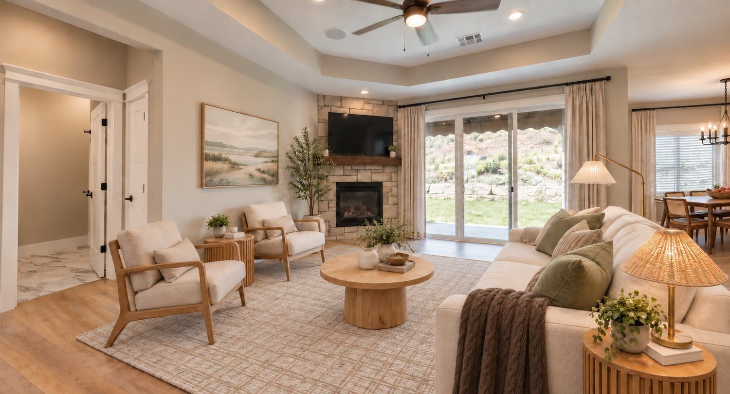 Living room rendering with a sleeper sofa, swivel armchair and coastal wall art