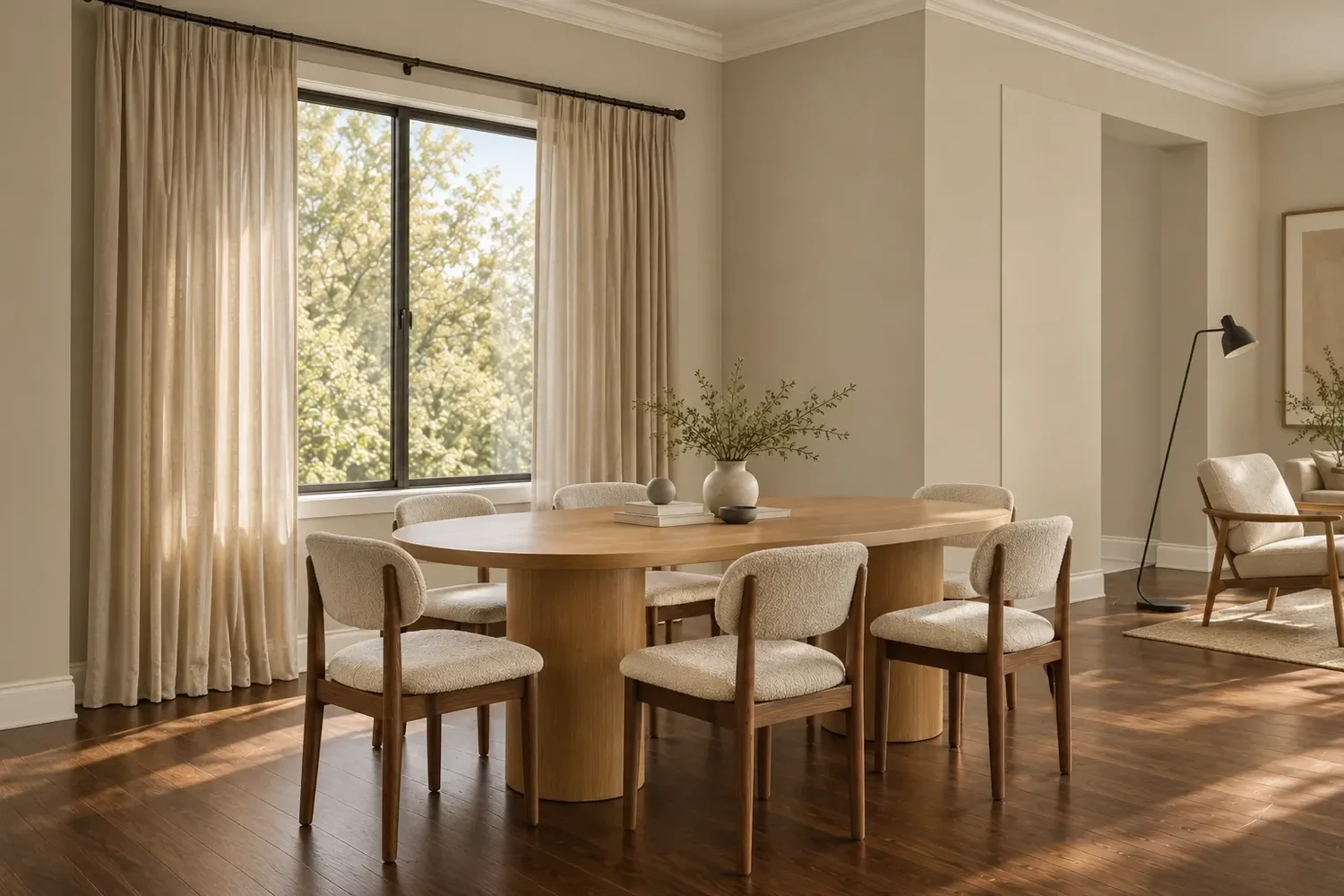 Japandi dining area with oval wood table and boucle dining chairs