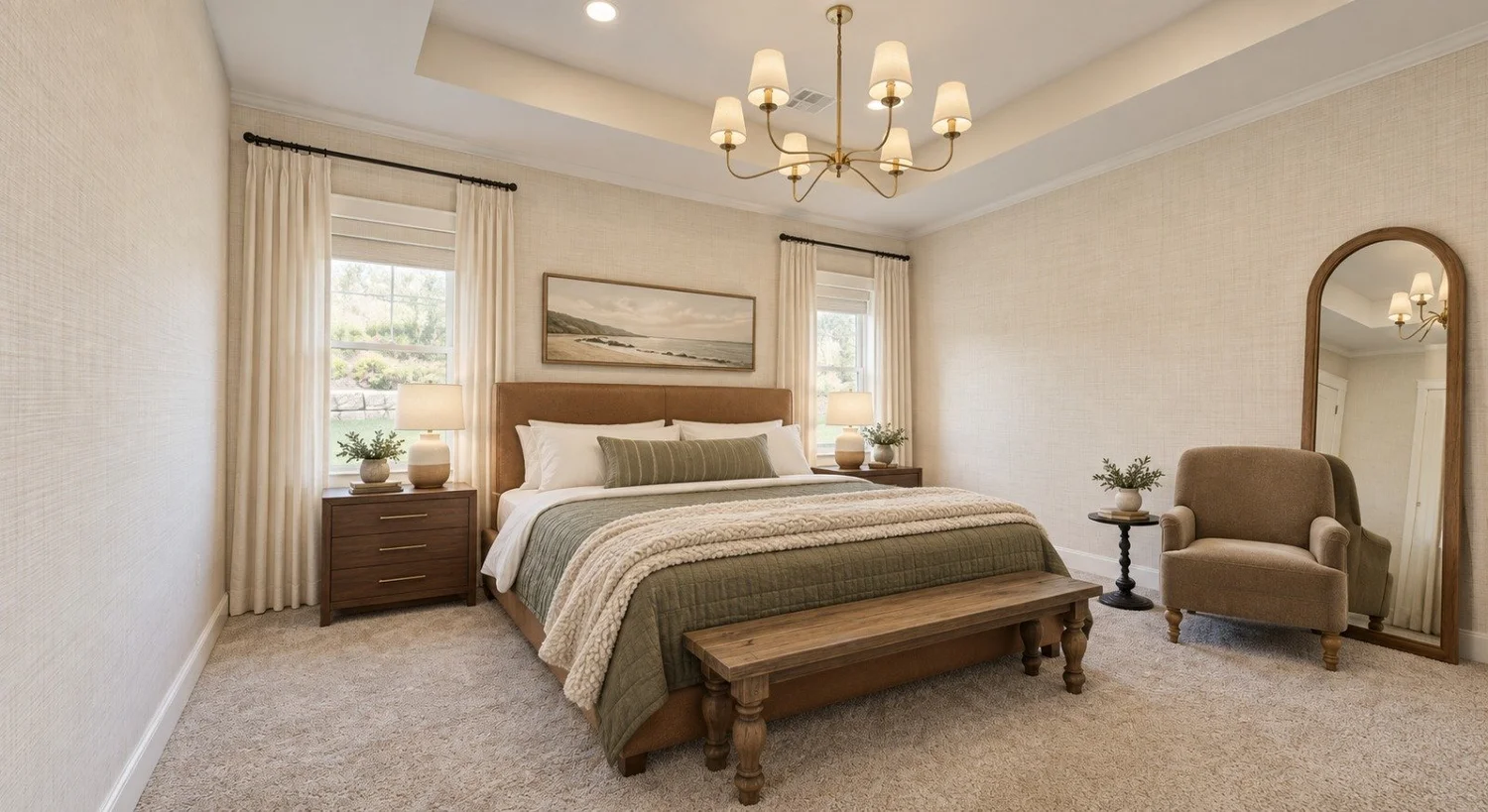 Primary bedroom rendering with a king platform bed and wingback chair