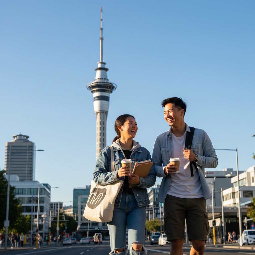 International student walking in Auckland city near the Sky Tower.