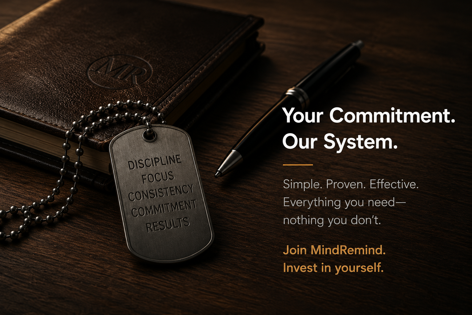 A dark brown leather journal with a logo, a black pen, and a military-style dog tag on a wooden surface. The dog tag has words: DISCIPLINE, FOCUS, CONSISTENCY, COMMITMENT, RESULTS. Overlaid text reads: "Your Commitment. Our System. Simple. Proven. Effective. Everything you need—nothing you don’t. Join MindRemind. Invest in yourself."