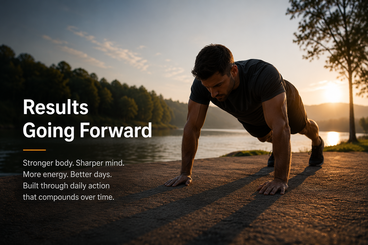 A man doing push-ups outdoors at sunset by a lake, with trees and mountains in the background.