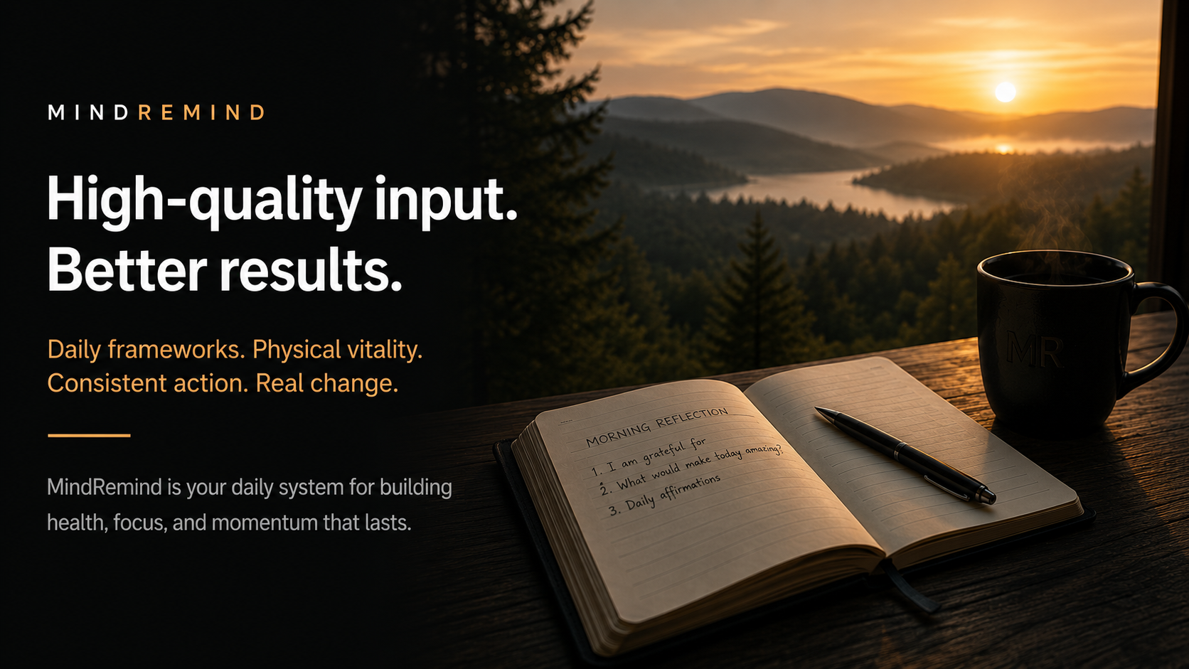 Open notebook with handwritten notes on morning reflection, pen on top, black coffee mug, wooden table, window view of sunrise over mountains and trees.