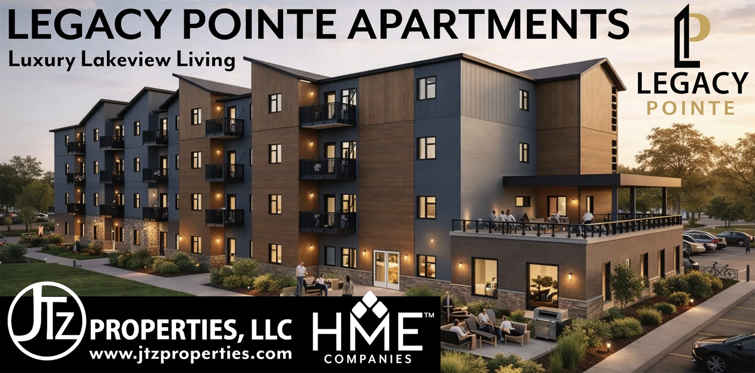 A modern multi-story apartment building with balconies, outdoor lighting, and landscaping, during sunset, with several people socializing on the outdoor patio and walking nearby. The image includes text advertising Legacy Pointe Apartments by JZ Properties LLC, with signage visible on the building and promotional branding at the bottom.