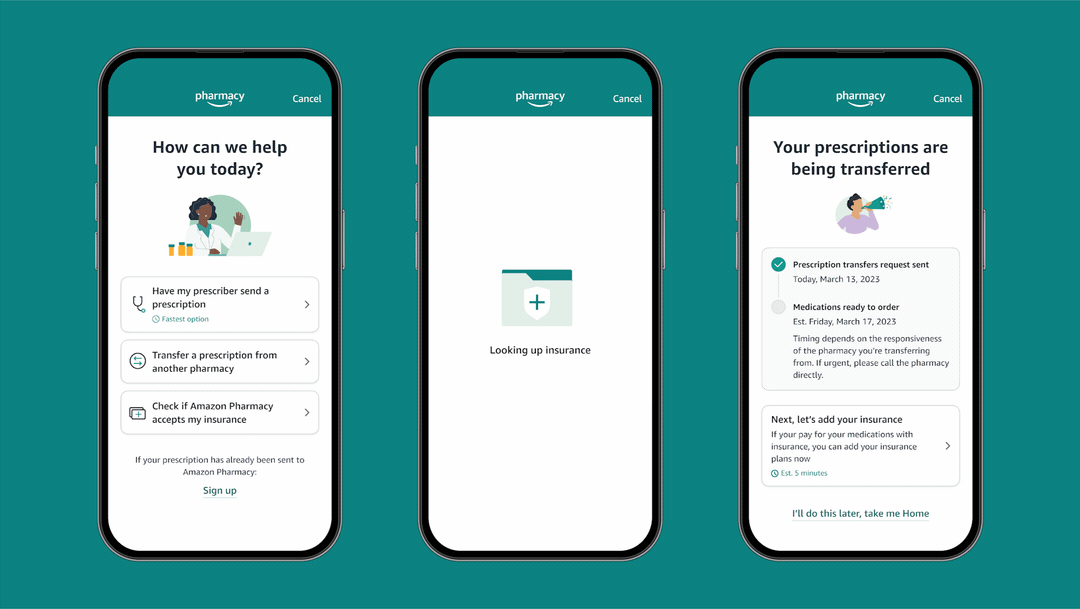 Three smartphones displaying a pharmacy app. The first shows options to send a prescription, transfer a prescription, and check insurance acceptance. The second shows the app searching for insurance. The third shows the successful transfer of prescriptions and adding insurance.