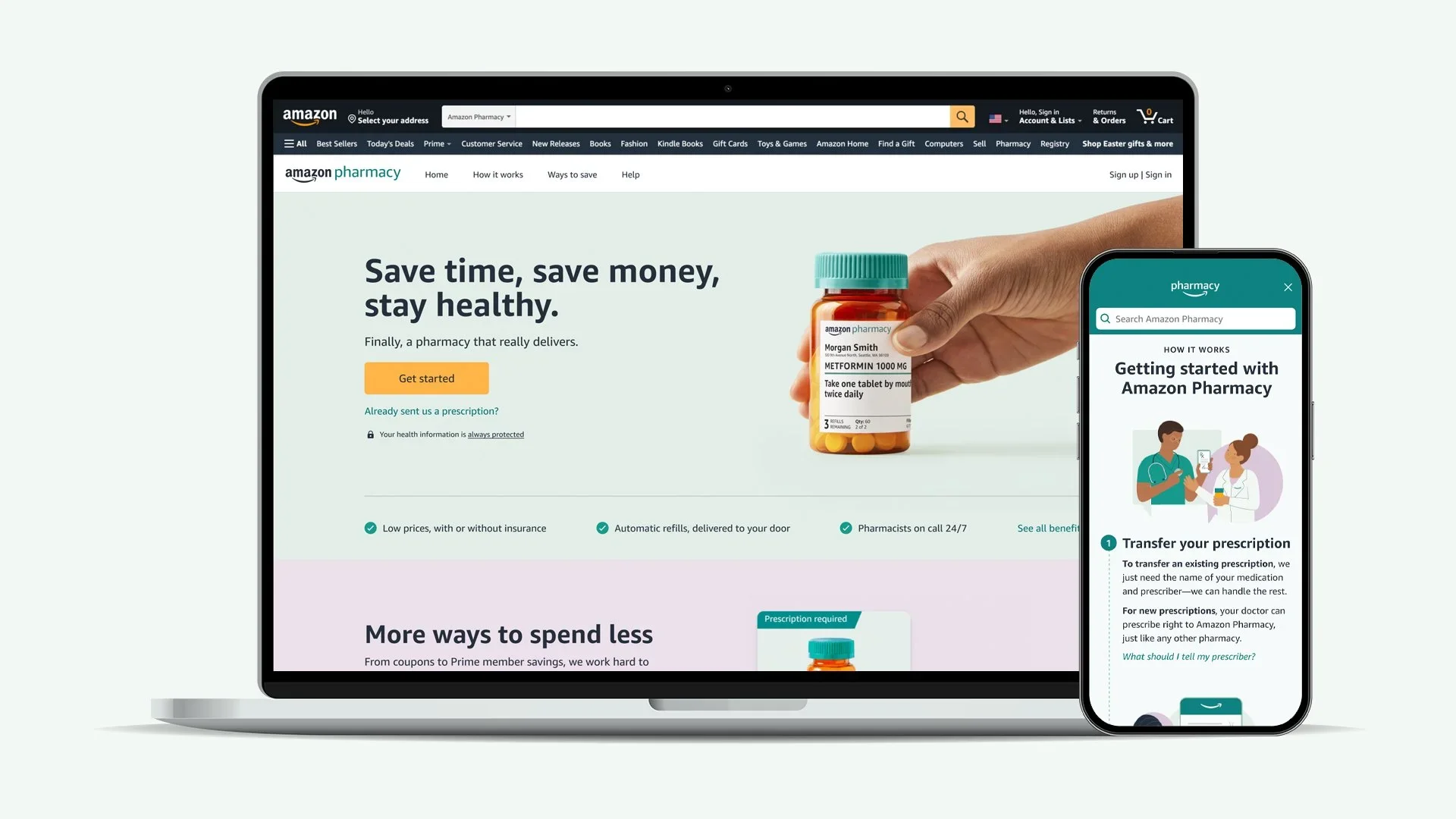Laptop and smartphone screens displaying the Amazon Pharmacy website with a prescription medication bottle and an illustration of a pharmacist and customer.