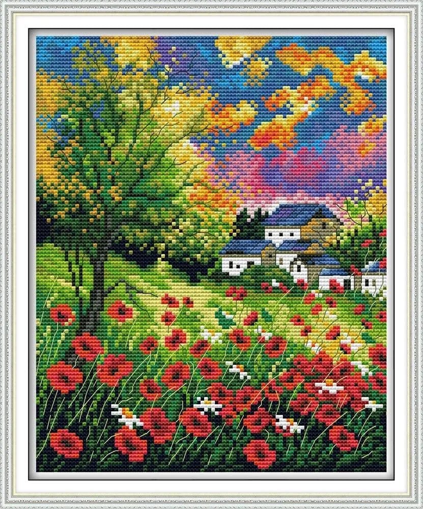 DIY DMC Cross Stitch Embroidery Kit 14ct Countryside Field printed canvas needlework