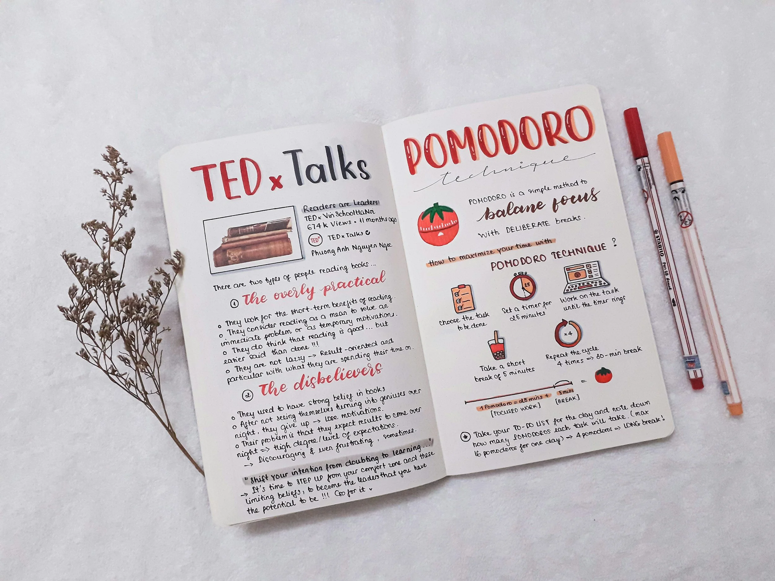 A notebook is open with colorful notes on the Pomodoro method