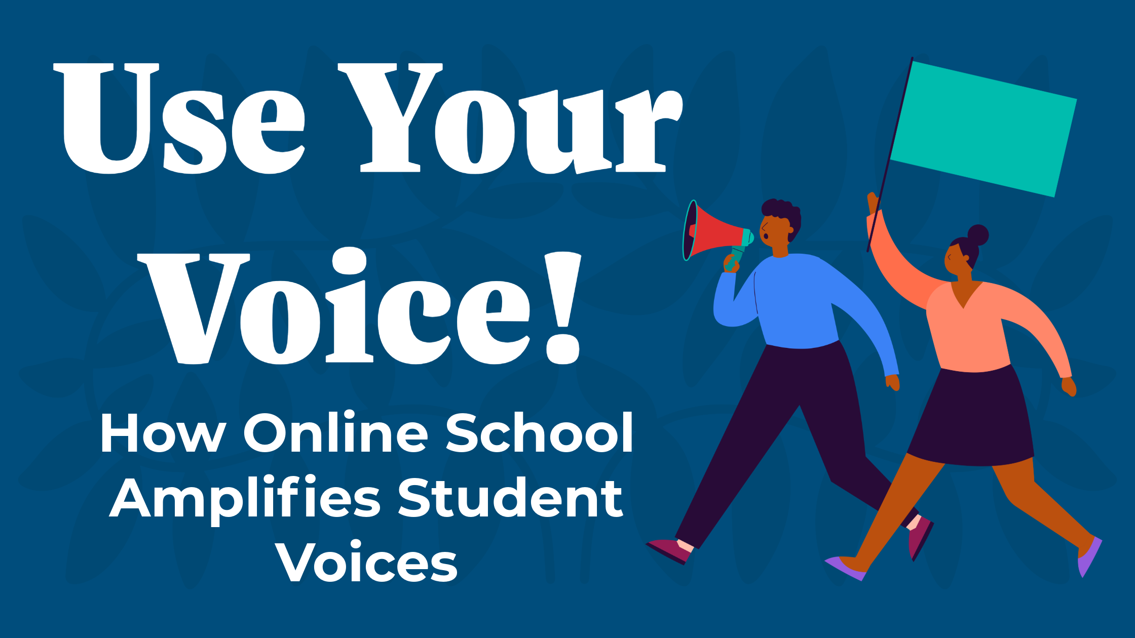 A blue header with two figures, one holding a megaphone