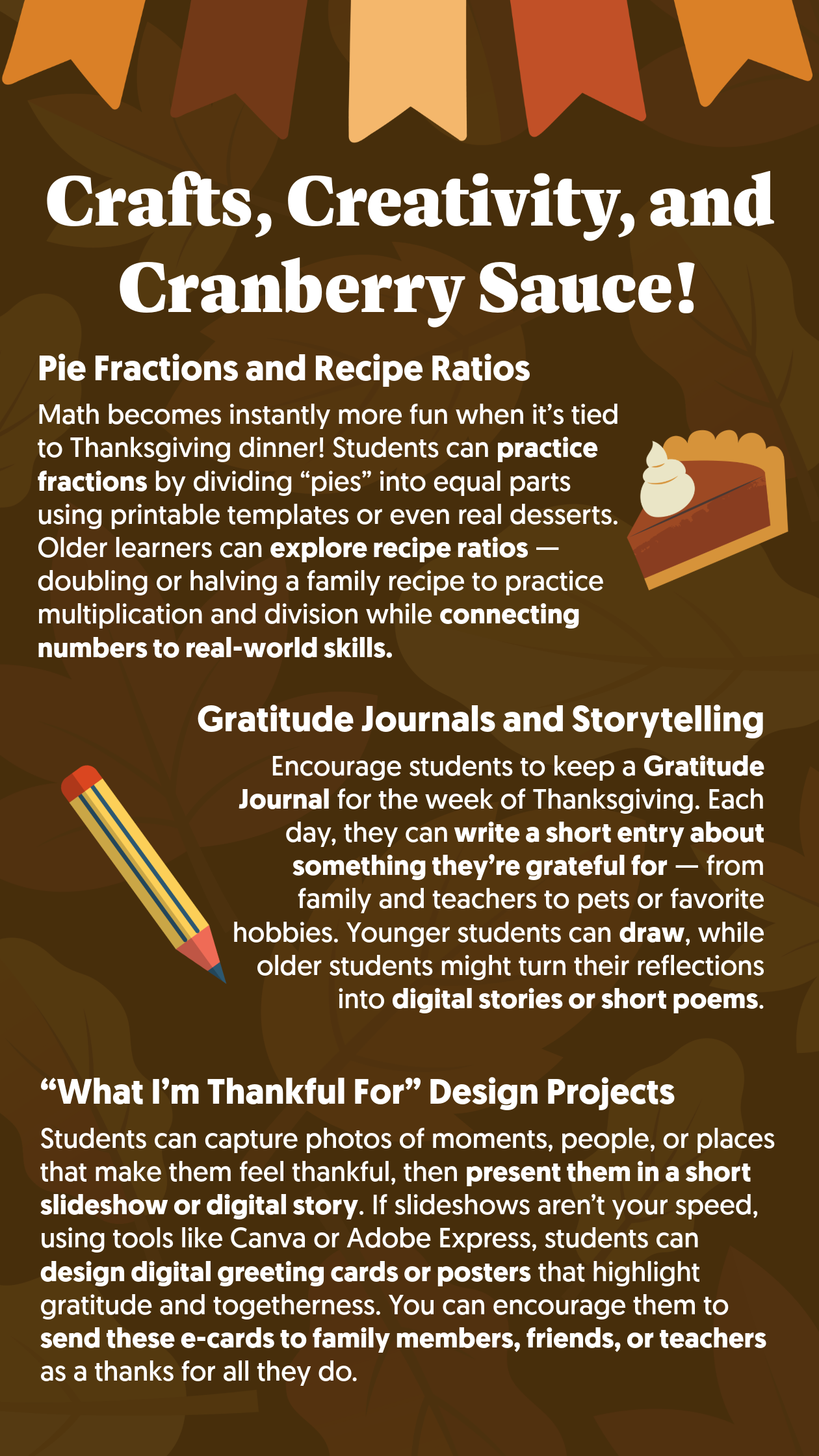 A graphic that runs through a few educational activities related to the holiday season including pie fractions, gratitude journals, and greeting card design projects