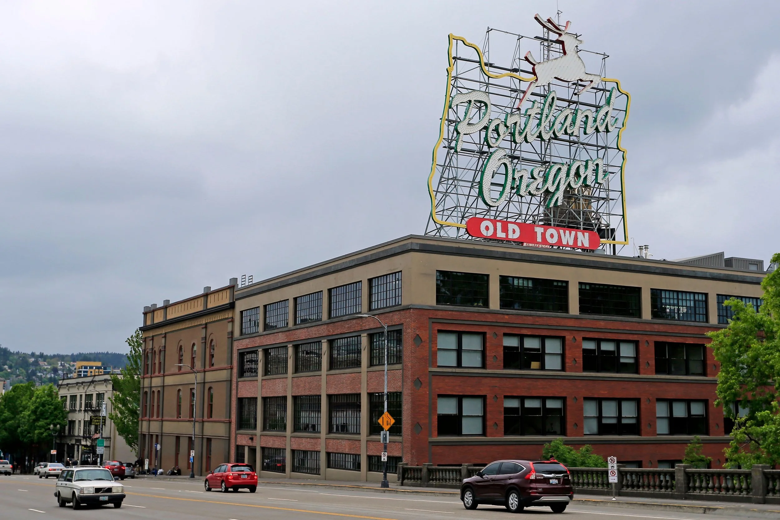 The famous Portland Oregon sign with a reindeer on it