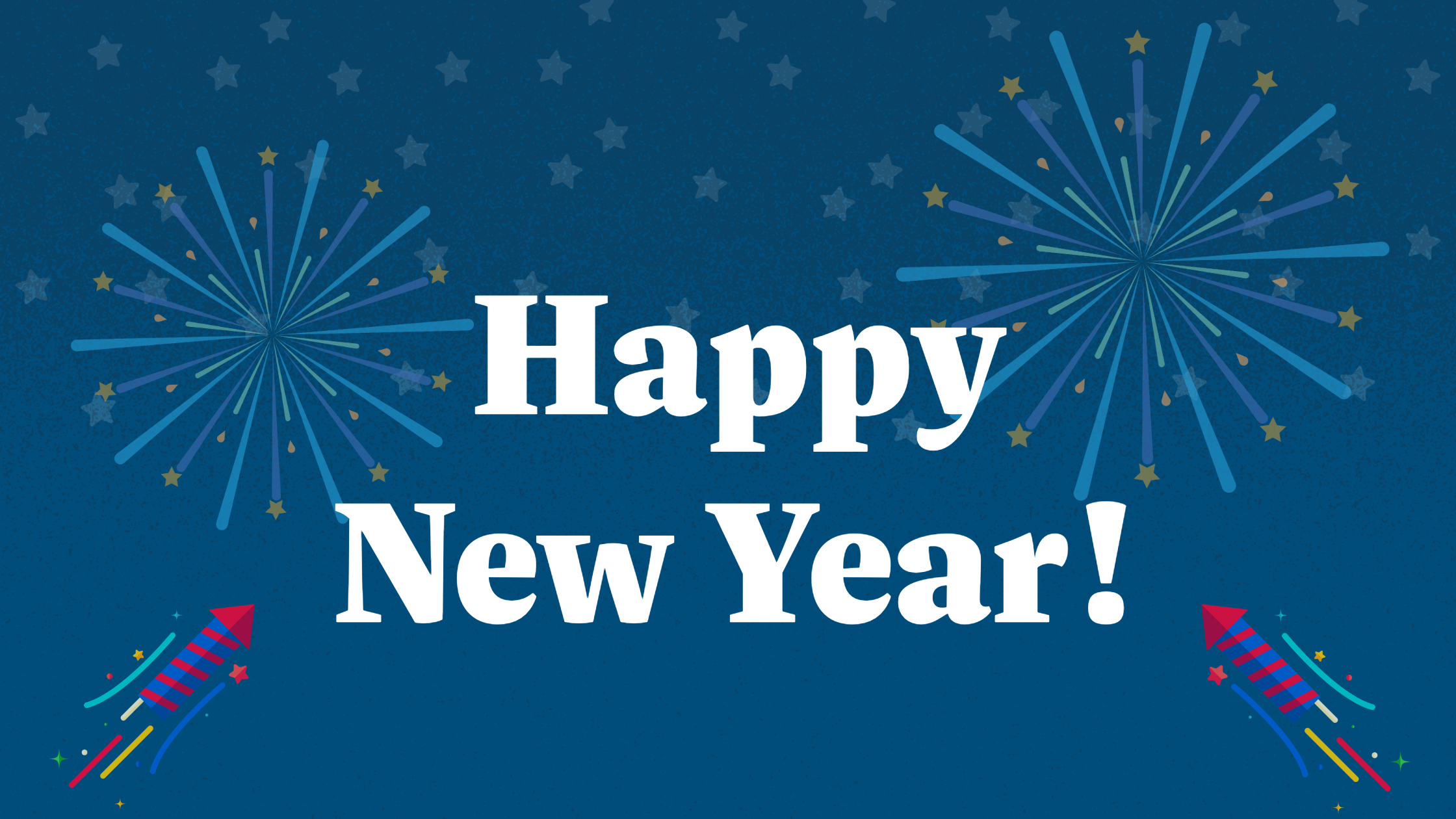 A blue footer that reads "Happy New Year!"