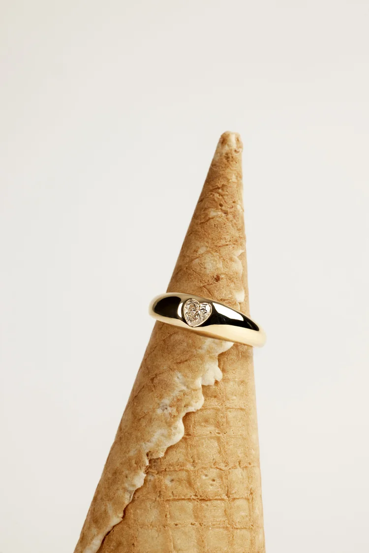 A heart signet ring on a waffle cone