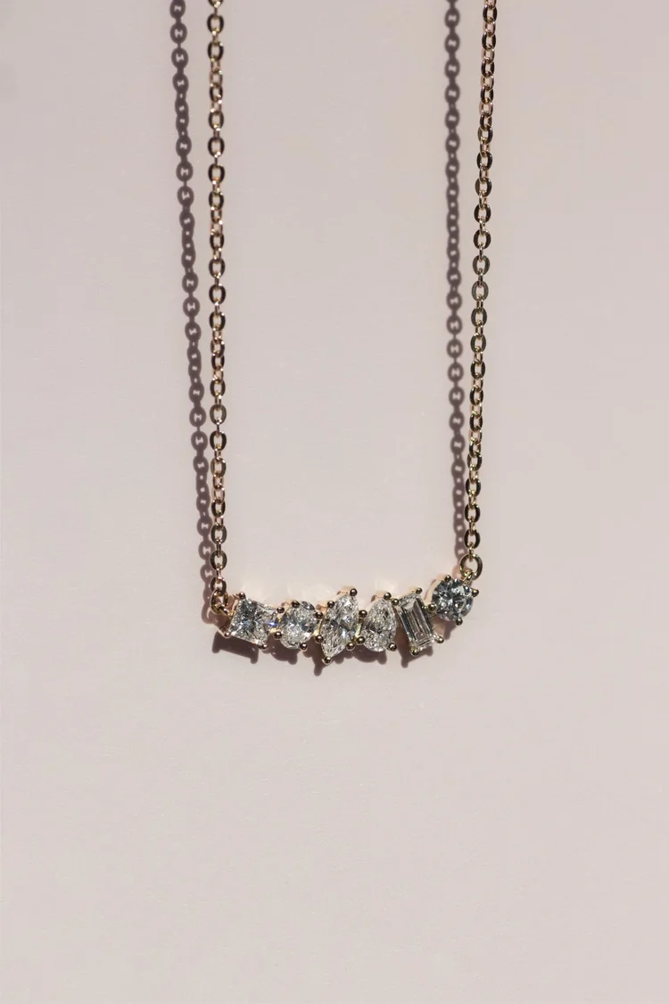 The Maia necklace, a bar of mixed cut diamonds