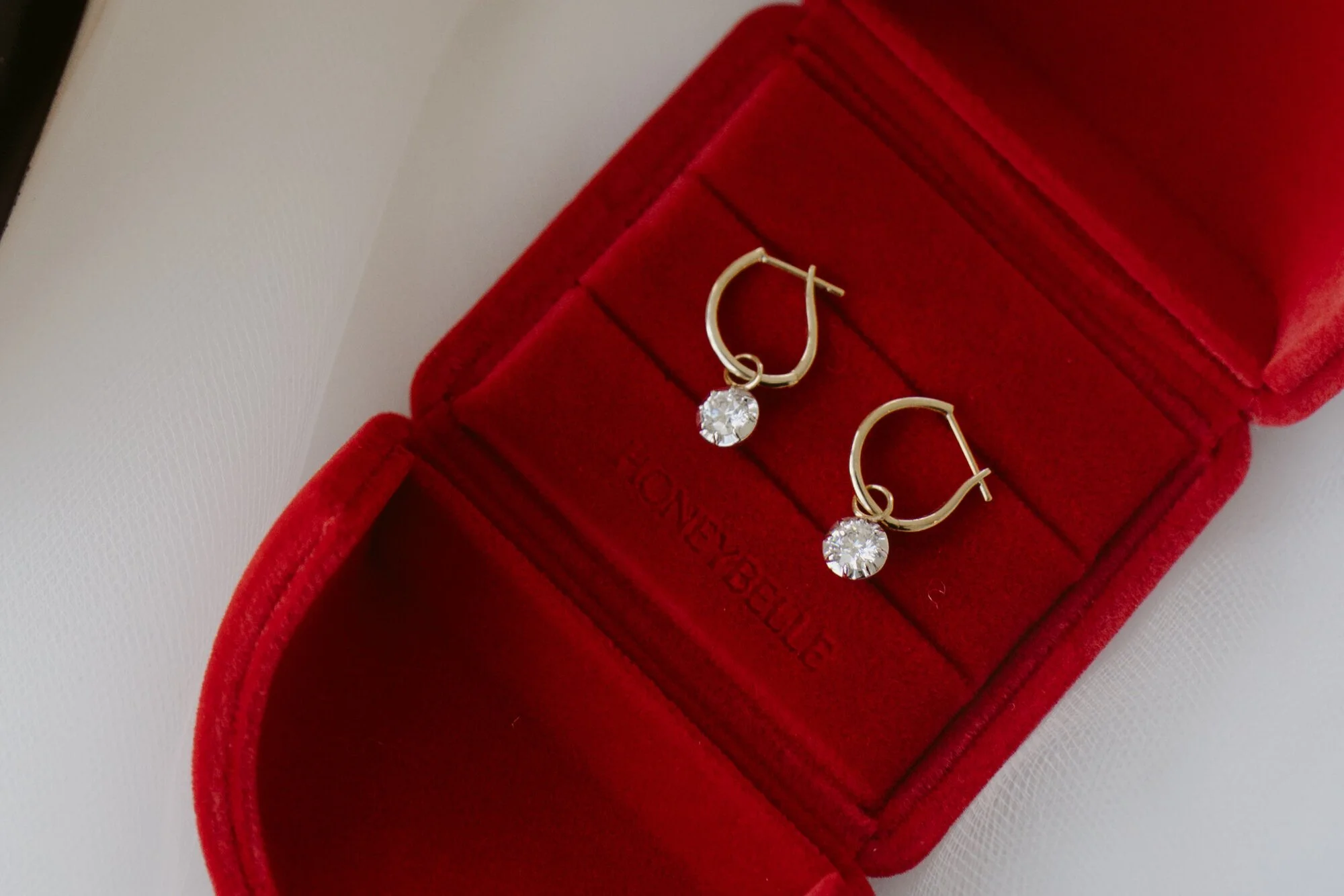 Bespoke Georgian Cut Diamond Drop Earrings, 0.5ct in each ear, in their red HoneyBelle box