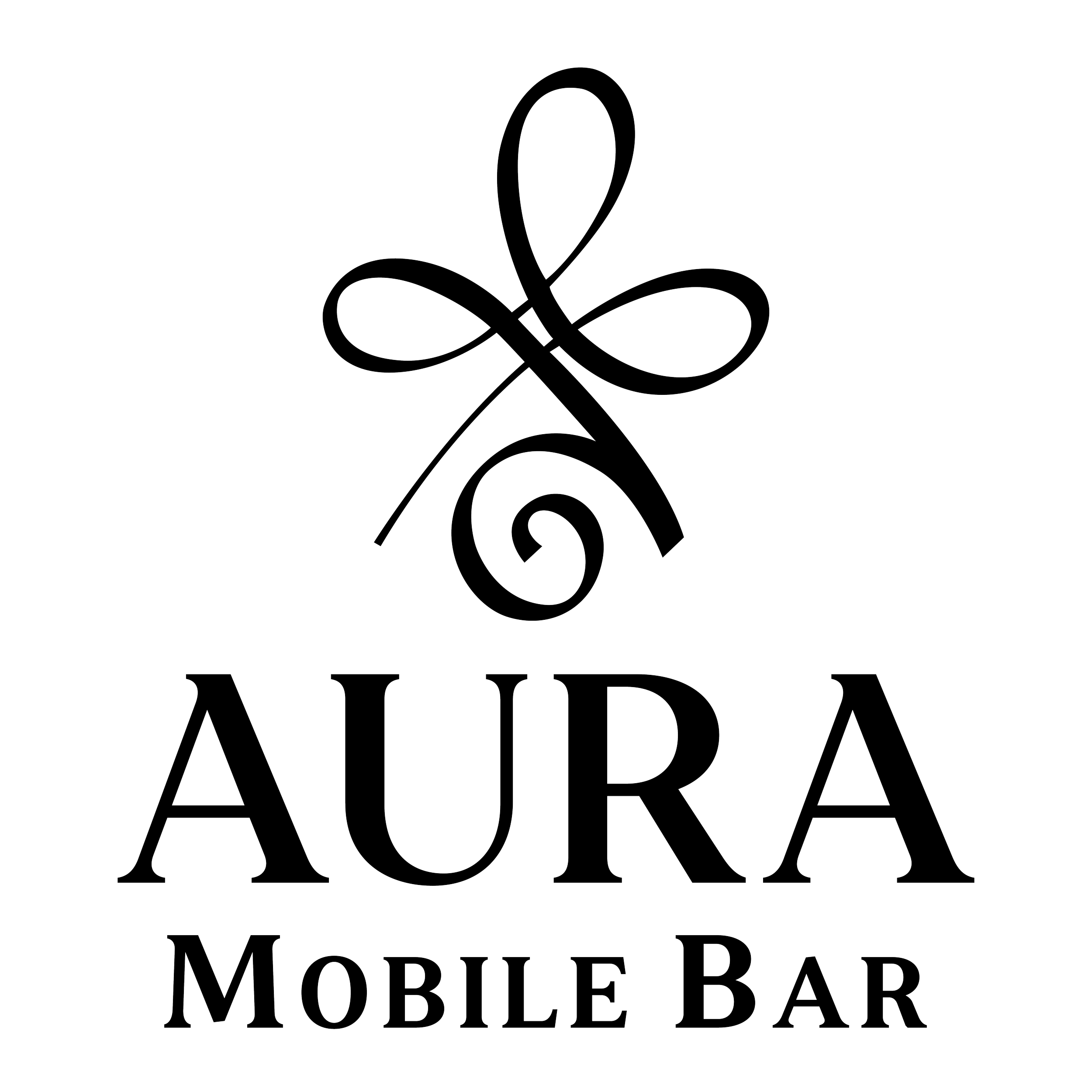 Logo for Aura Mobile Bar, featuring a stylized insect with a swirl on its body and the text 'AURA MOBILE BAR' underneath.