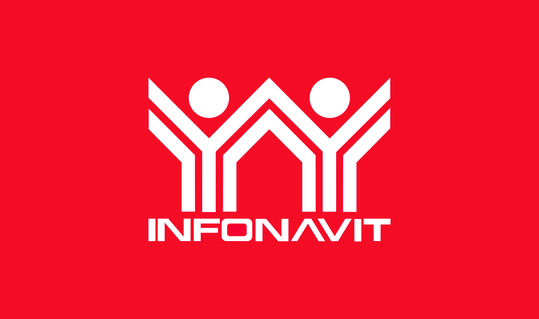 Logotipo de INFONAVIT con fondo rojo y diseño de dos figuras humanas con los brazos levantados.