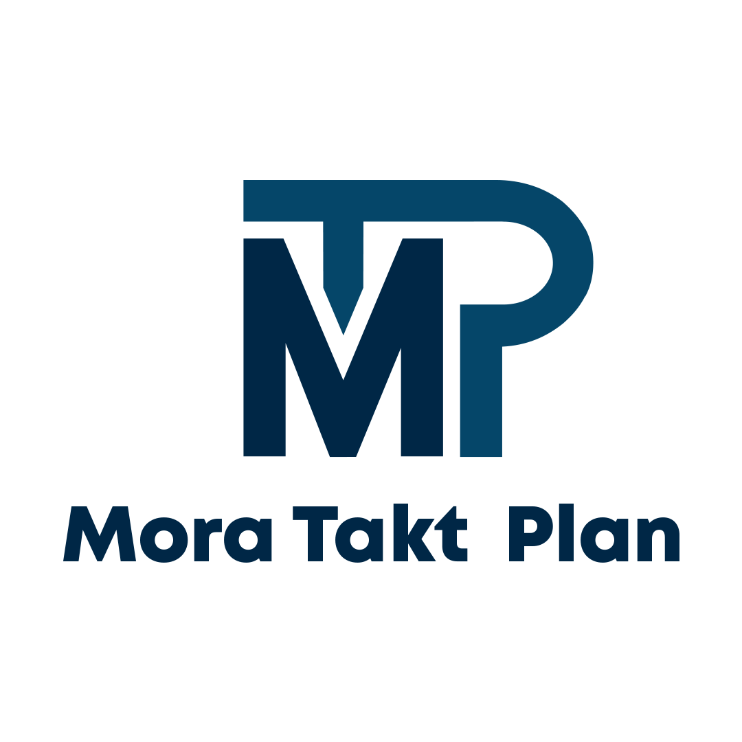 Logotipo con las letras 'MTP' grandes y la frase 'Mora Takt Plan' debajo en letras azules.