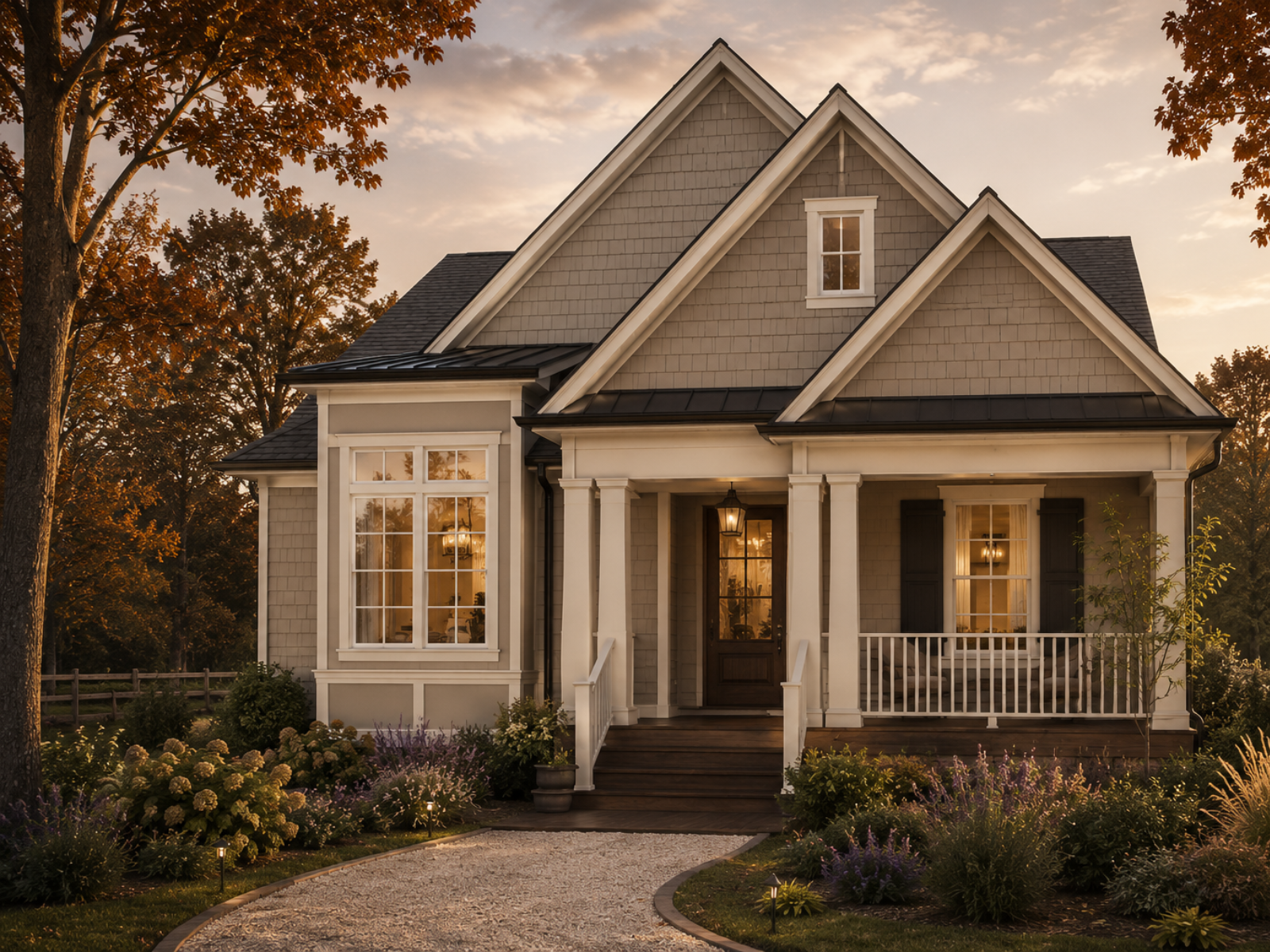 Exterior rendering of House 02 at Landrum Mill in Landrum, SC, featuring a warm fall-inspired palette, natural wood accents and Southern cottage architecture.
