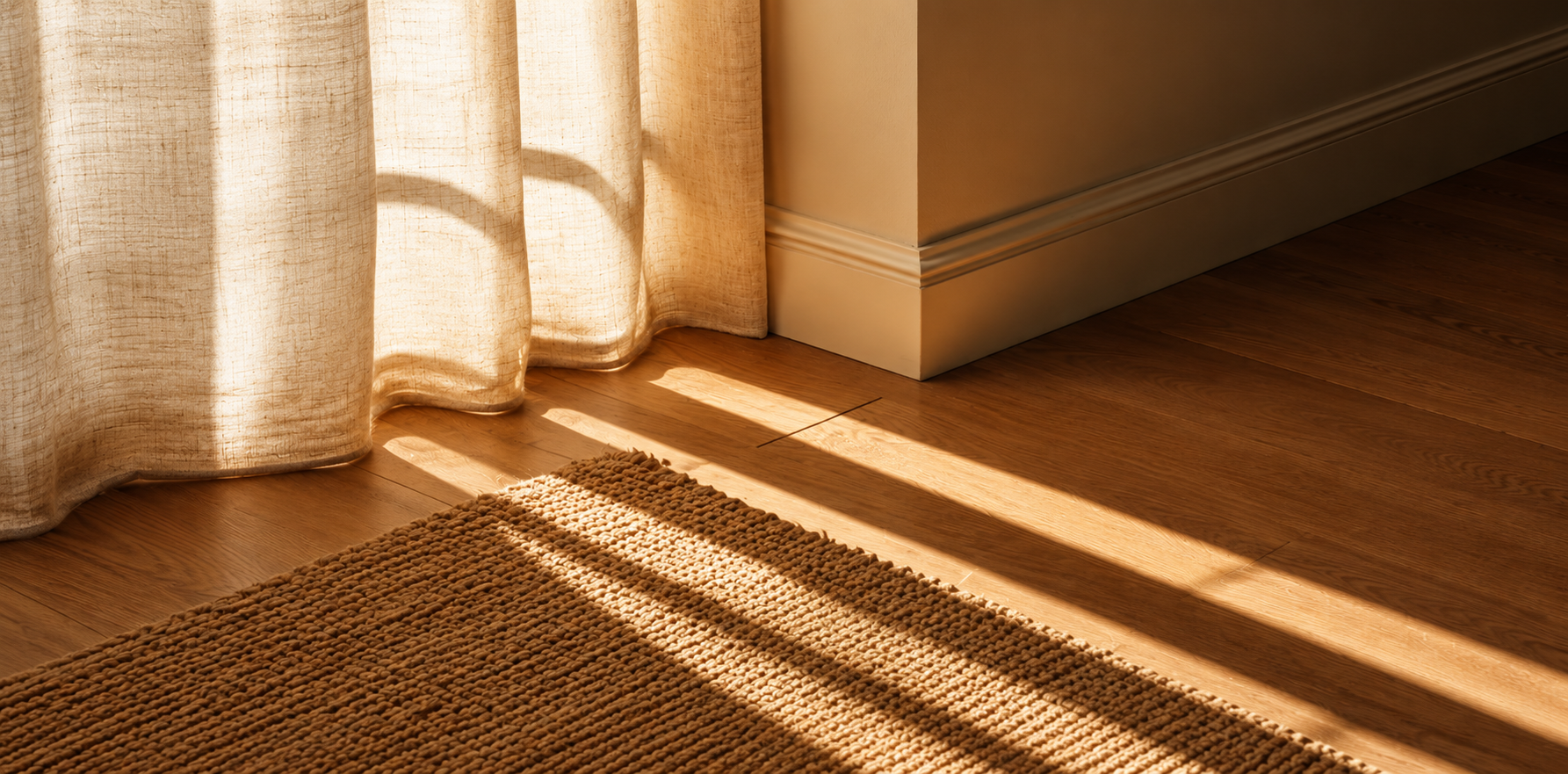 Interior design inspiration for Landrum Mill featuring natural wood flooring, linen curtains and warm sunlight.