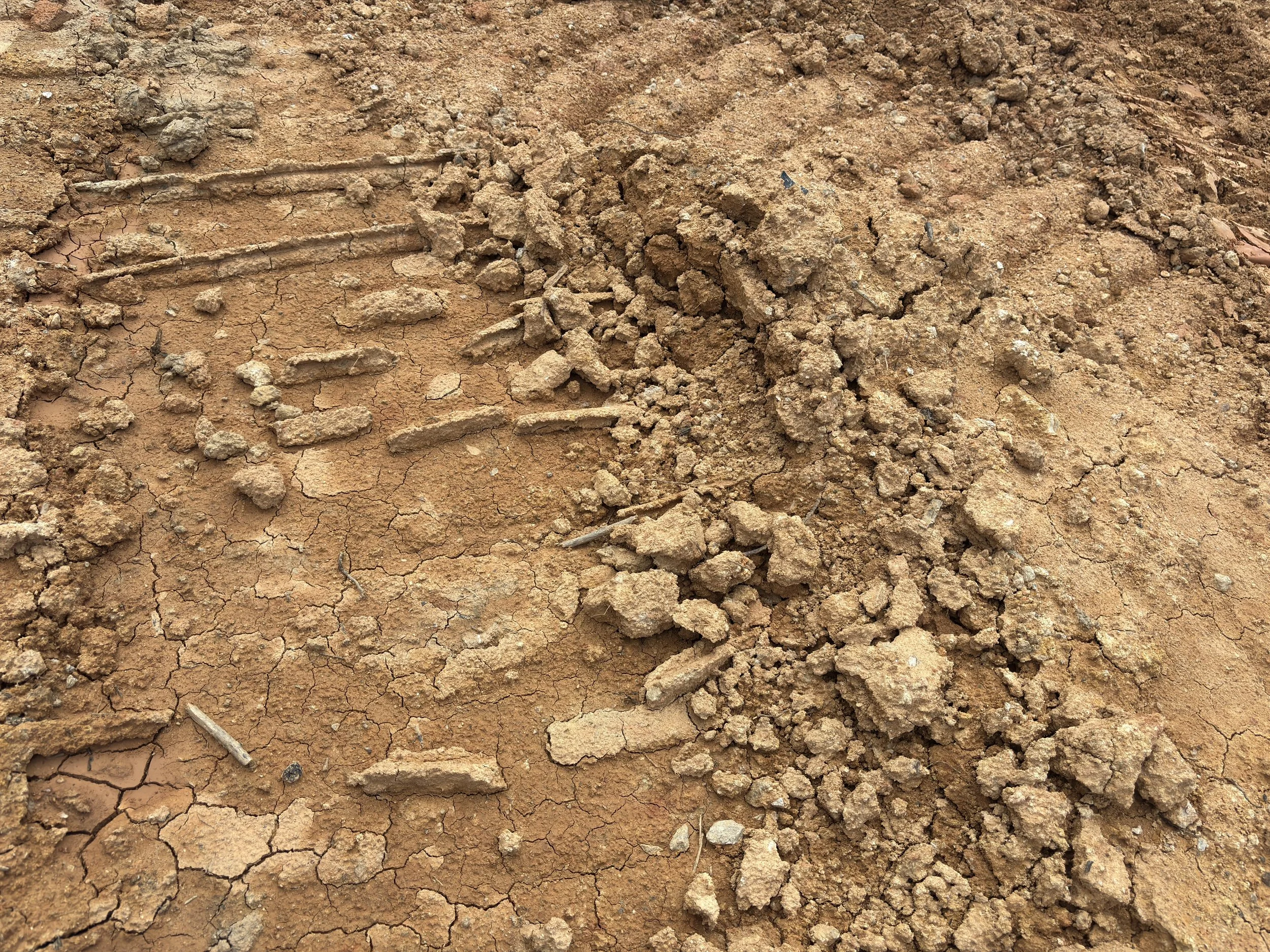 Close-up of dry red clay soil with exposed rock and natural textures.