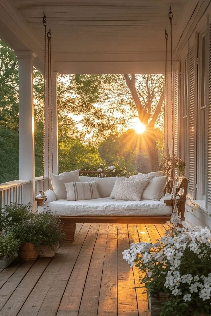 Outdoor living inspiration for Landrum Mill in Landrum, SC, featuring a welcoming covered porch at sunset.