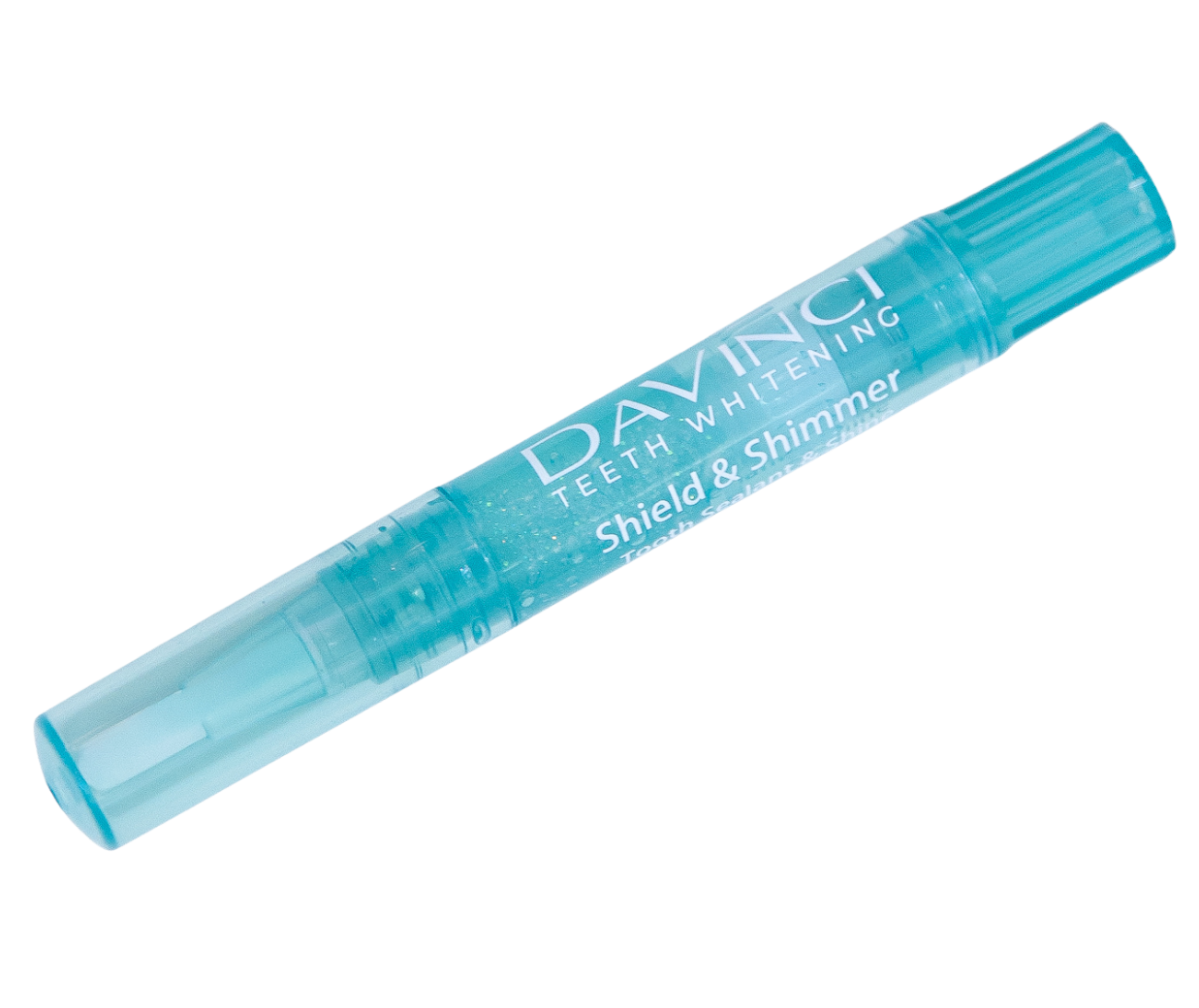 A blue tube of toothpaste labeled 'DAVIACI TEETH WHITENING Shield & Shimmer' against a black background.