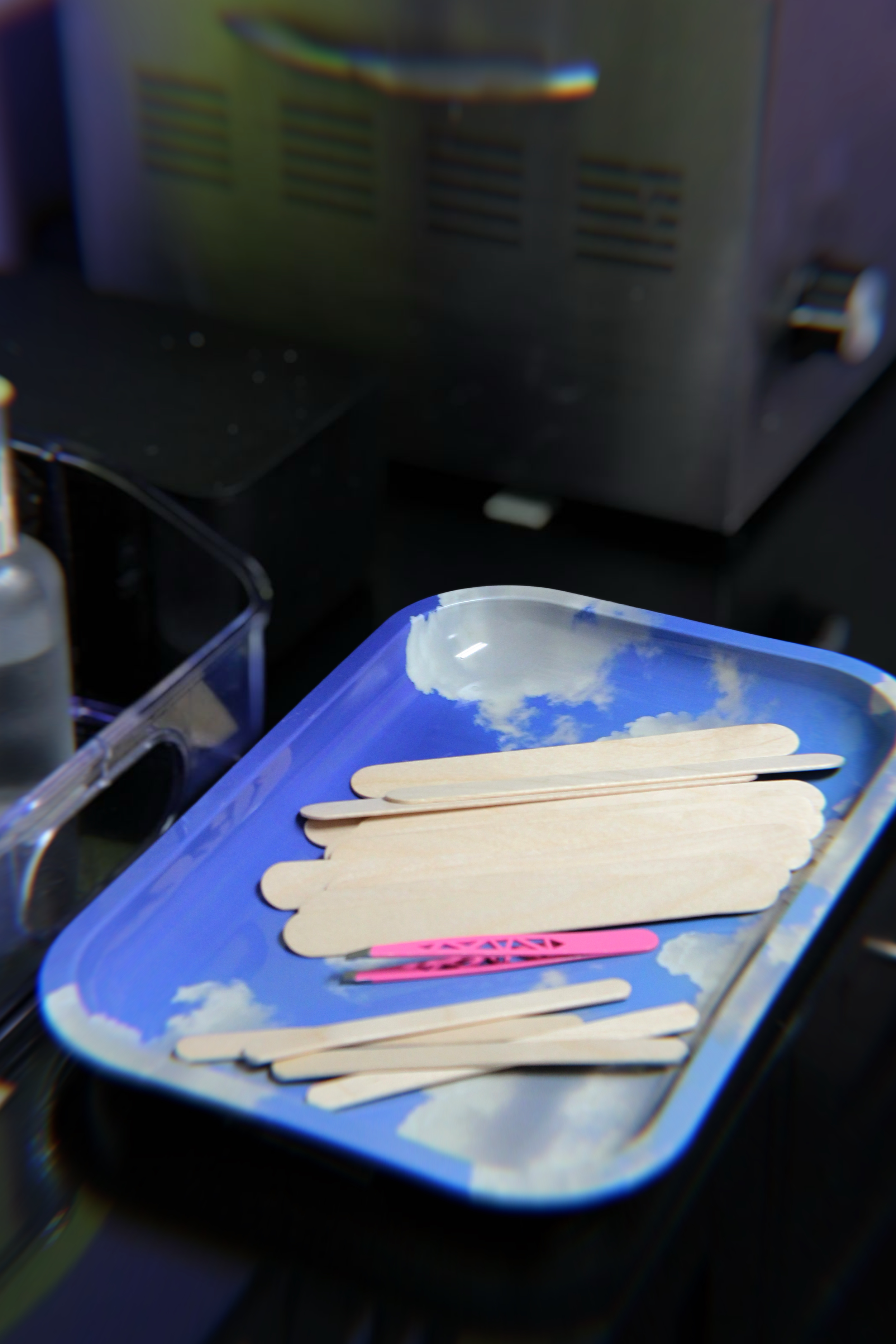 Professional waxing tools and supplies in the treatment room at Good Daze Brazilian Waxing Studio in Columbus, Ohio.