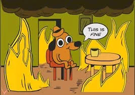 Cartoon dog in house on fire. Dog says "this is fine"