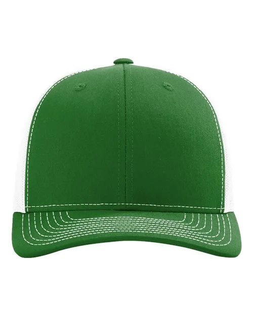 A green baseball cap with white stitching on the brim.
