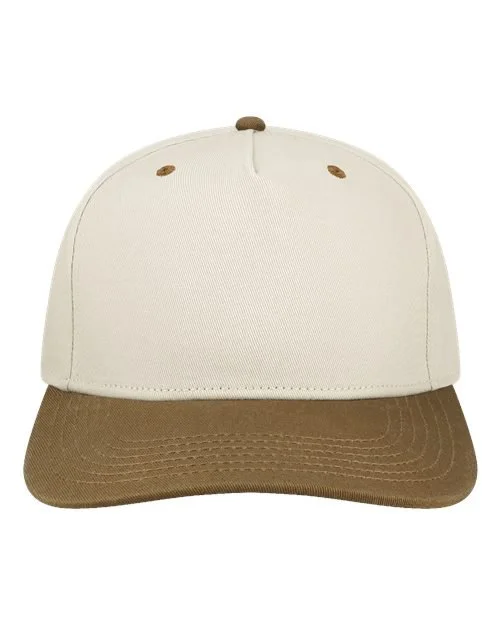 A beige and brown baseball cap with a beige crown and brown brim.