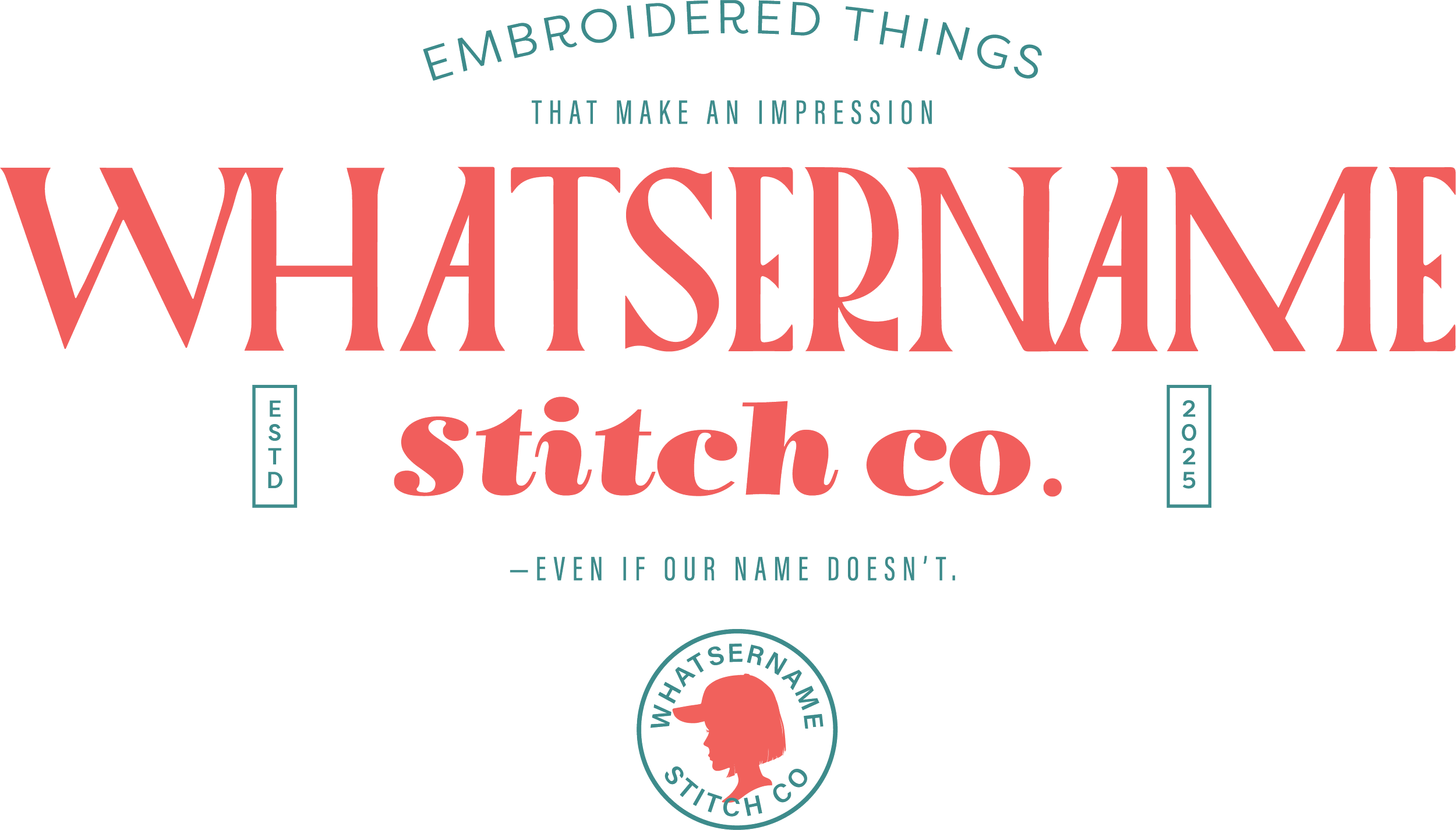 A logo for Whatsername Stitch Co., featuring stylized text in red and teal, with the tagline 'Embroided things that make an impression' and a silhouette of a child's face within a circle.