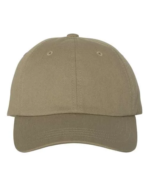 A plain khaki baseball cap with a curved brim and top button, no logos or markings.