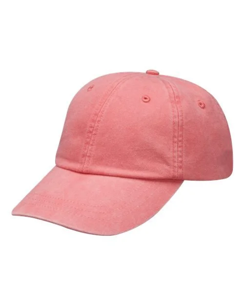 Pink baseball cap with a curved brim, made of fabric, with visible stitch detailing.